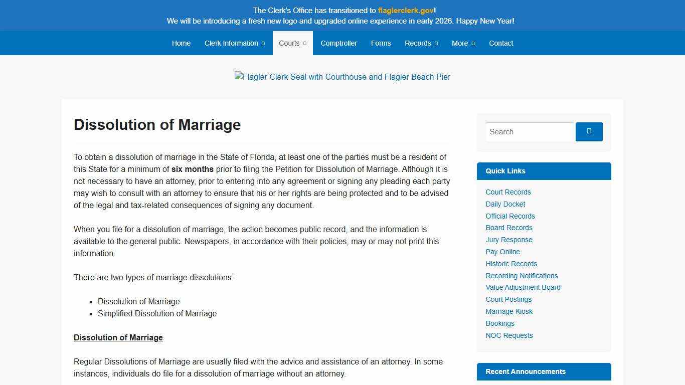 Dissolution of Marriage – Clerk & Comptroller, Flagler County, FL